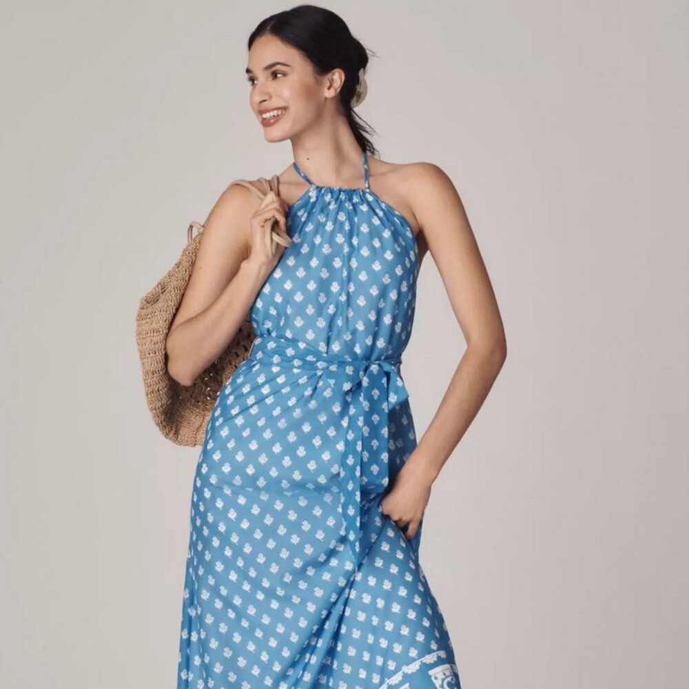 Rachel Antonoff x Anthropologie Rainey Halter Maxi Dress Jam Jars Blue XS NWT